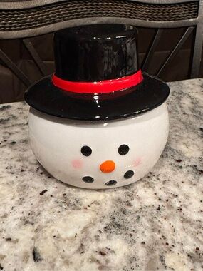 Ceramic Snowman Jar - White with Black Hat and Red Trim